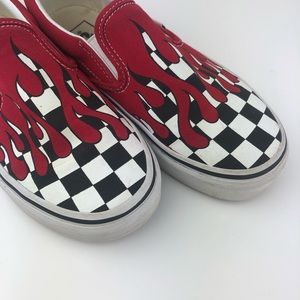 Vans classic checkerboard red flame slip on